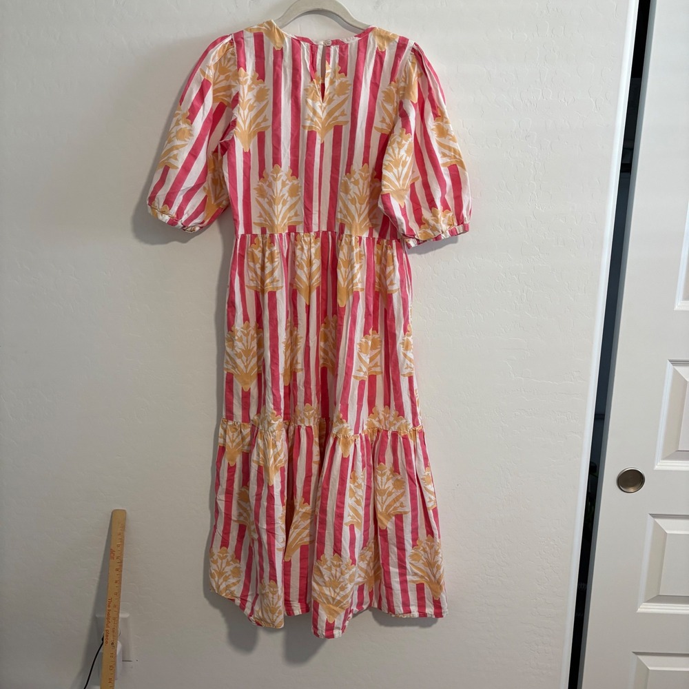 SZ Blockprints Gaia Tiered‎ Midi Dress Pink White Striped Floral Cotton Medium - Picture 8 of 9